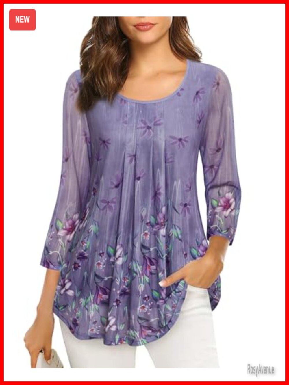 Women's 3/4 Sleeve Tunic Top Floral Mesh Pleated Loose
